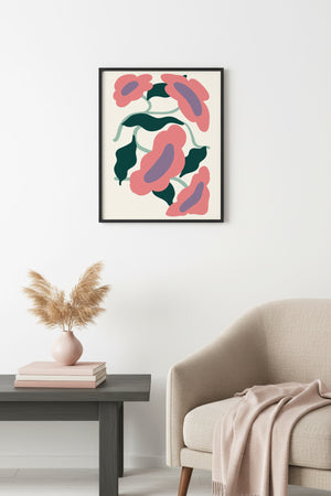 Doğal Ahşap Çerçeveli Retro Floral Tablo - Pembe Yeşil Çiçek Desenli | huhu2688