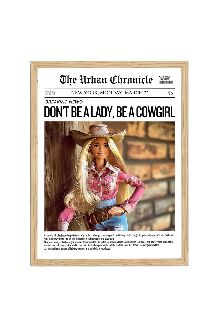 Doğal Ahşap Çerçeveli Retro Tablo - Western Cowgirl Temalı | huhu2689
