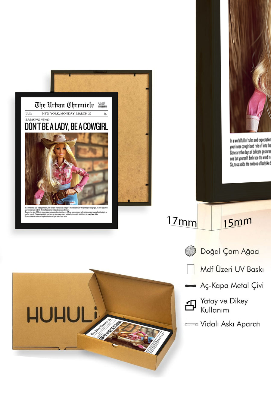 Doğal Ahşap Çerçeveli Retro Tablo - Western Cowgirl Temalı | huhu2689