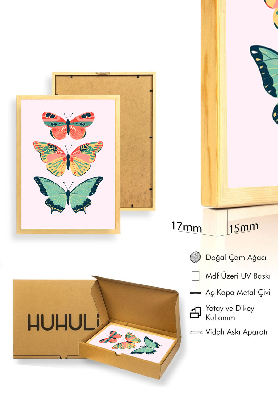 Doğal Ahşap Çerçeveli Retro Tablo - Kelebek Desenli | huhu2690