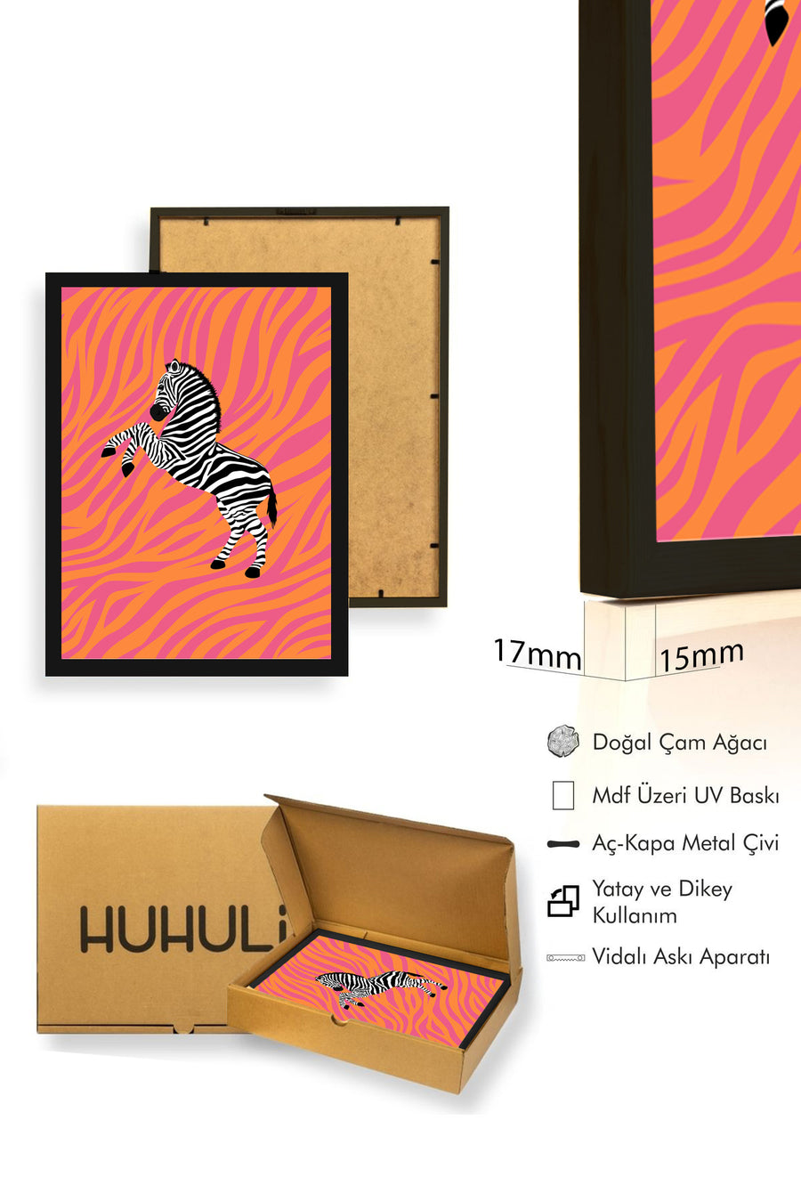 Doğal Ahşap Çerçeveli Retro Zebra Tablo - Canlı Desenli Hayvan Figürü | huhu2692