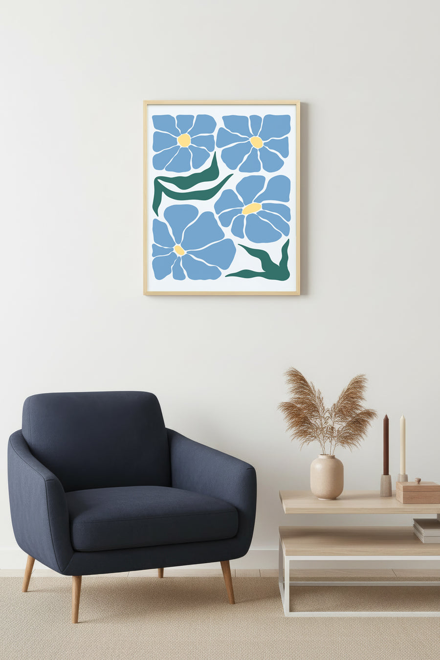 Doğal Ahşap Çerçeveli Retro Floral Tablo - Pastel Çiçek Desenli | huhu2694