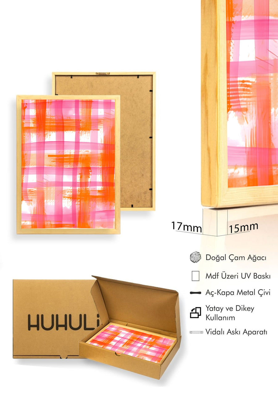 Doğal Ahşap Çerçeveli Retro Soyut Tablo - Turuncu Pembe Çizgi Desenli | huhu2695