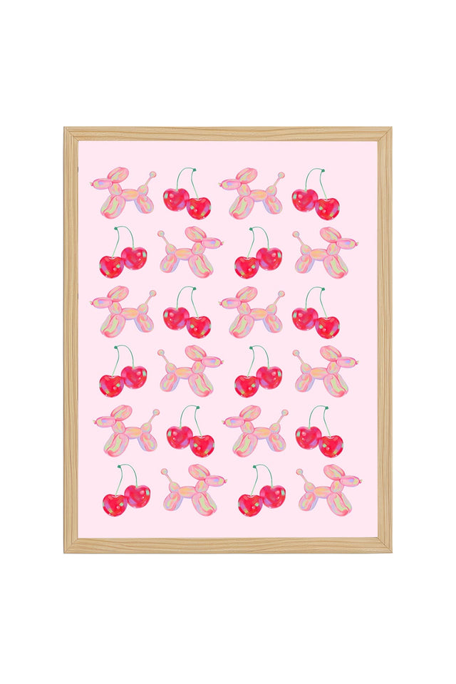 Doğal Ahşap Çerçeveli Retro Kiraz Desenli Tablo - Pastel Tonlar | huhu2697