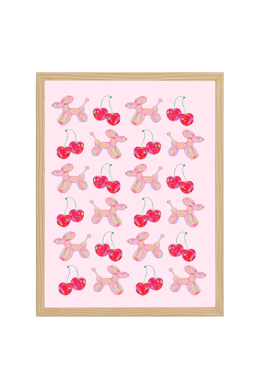 Doğal Ahşap Çerçeveli Retro Kiraz Desenli Tablo - Pastel Tonlar | huhu2697