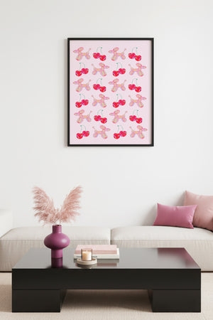 Doğal Ahşap Çerçeveli Retro Kiraz Desenli Tablo - Pastel Tonlar | huhu2697