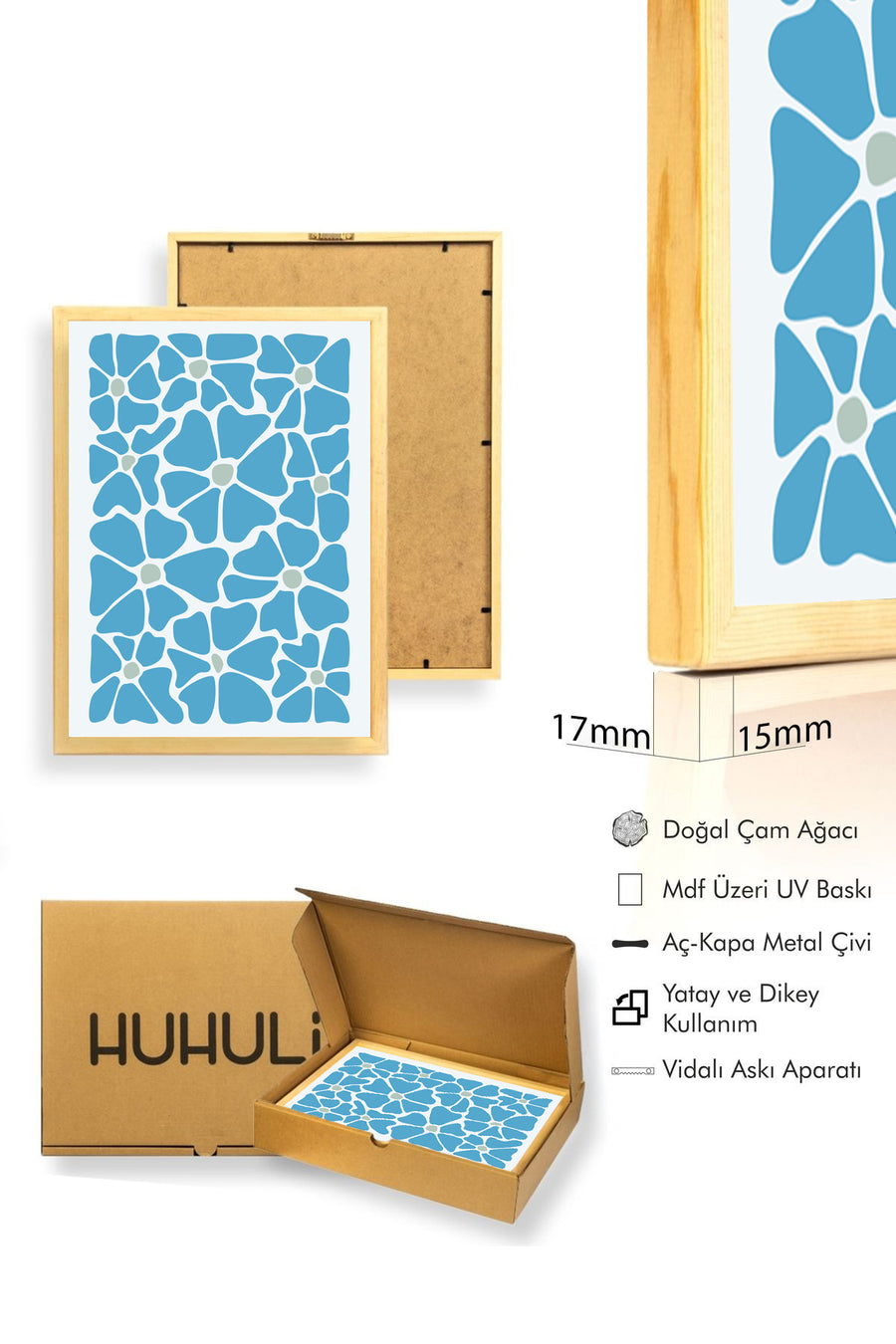 Doğal Ahşap Çerçeveli Retro Tablo - Mavi Soyut Çiçek Desenli | huhu2698