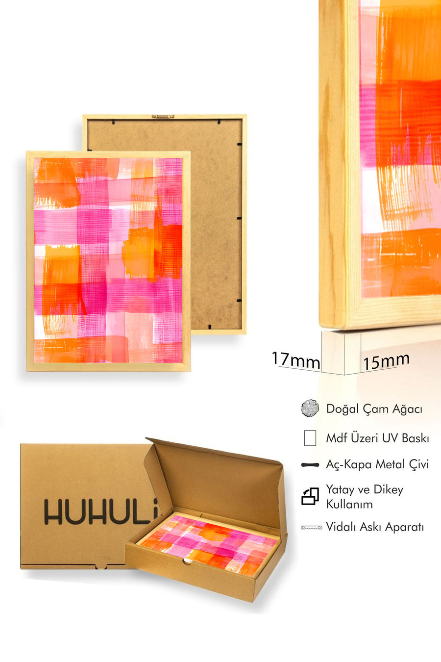 Doğal Ahşap Çerçeveli Retro Tablo - Turuncu Pembe Soyut Plaid Desen | huhu2699