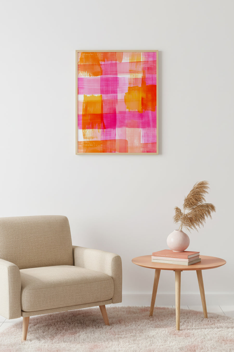 Doğal Ahşap Çerçeveli Retro Tablo - Turuncu Pembe Soyut Plaid Desen | huhu2699