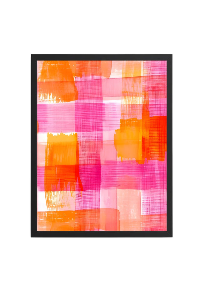 Doğal Ahşap Çerçeveli Retro Tablo - Turuncu Pembe Soyut Plaid Desen | huhu2699