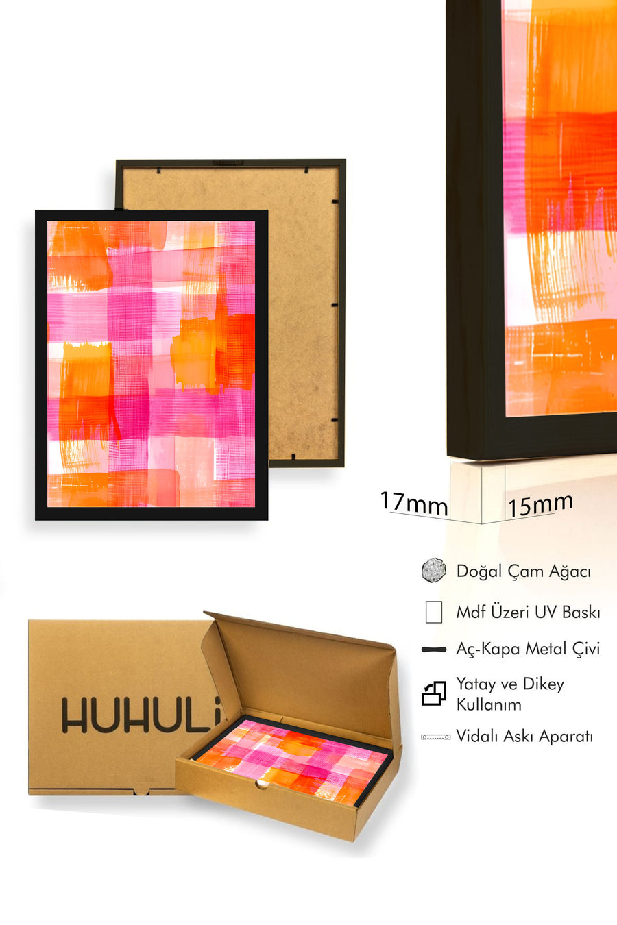 Doğal Ahşap Çerçeveli Retro Tablo - Turuncu Pembe Soyut Plaid Desen | huhu2699