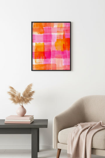 Doğal Ahşap Çerçeveli Retro Tablo - Turuncu Pembe Soyut Plaid Desen | huhu2699