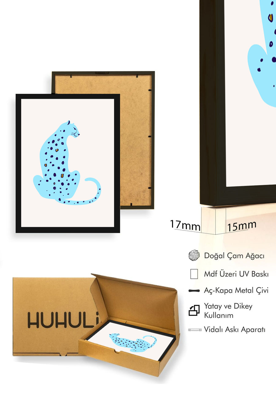 Doğal Ahşap Çerçeveli Retro Kedi Tablo - Soyut Desenli Canlı Hayvan | huhu2700