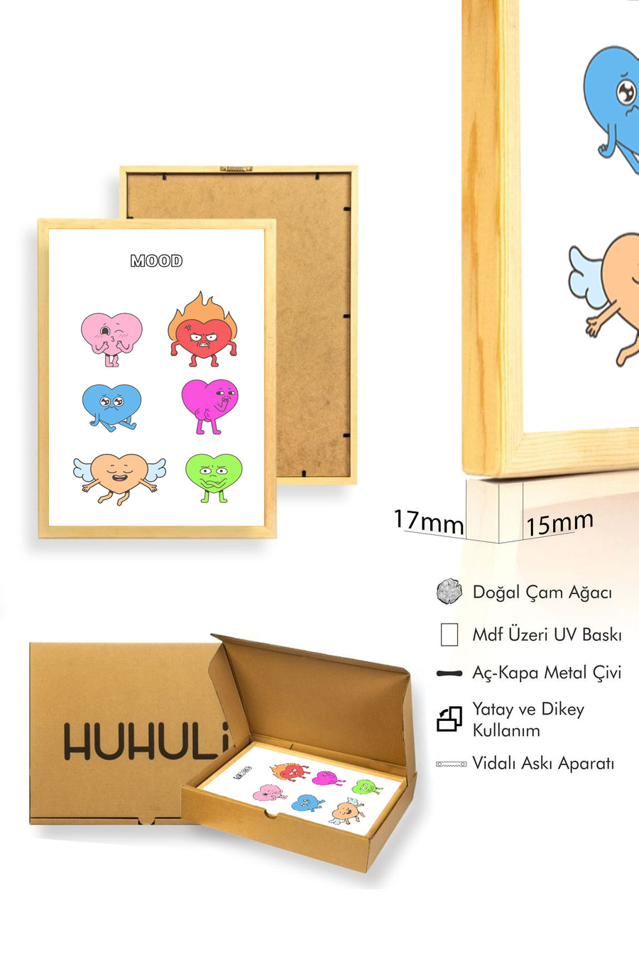Doğal Ahşap Çerçeveli Retro Tablo - Duygusal Ruh Hali Seti | huhu2701