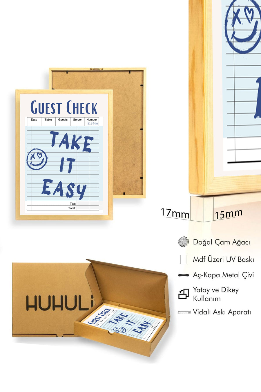 Doğal Ahşap Çerçeveli Retro Tablo - Take It Easy Doodle Smiley | huhu2703