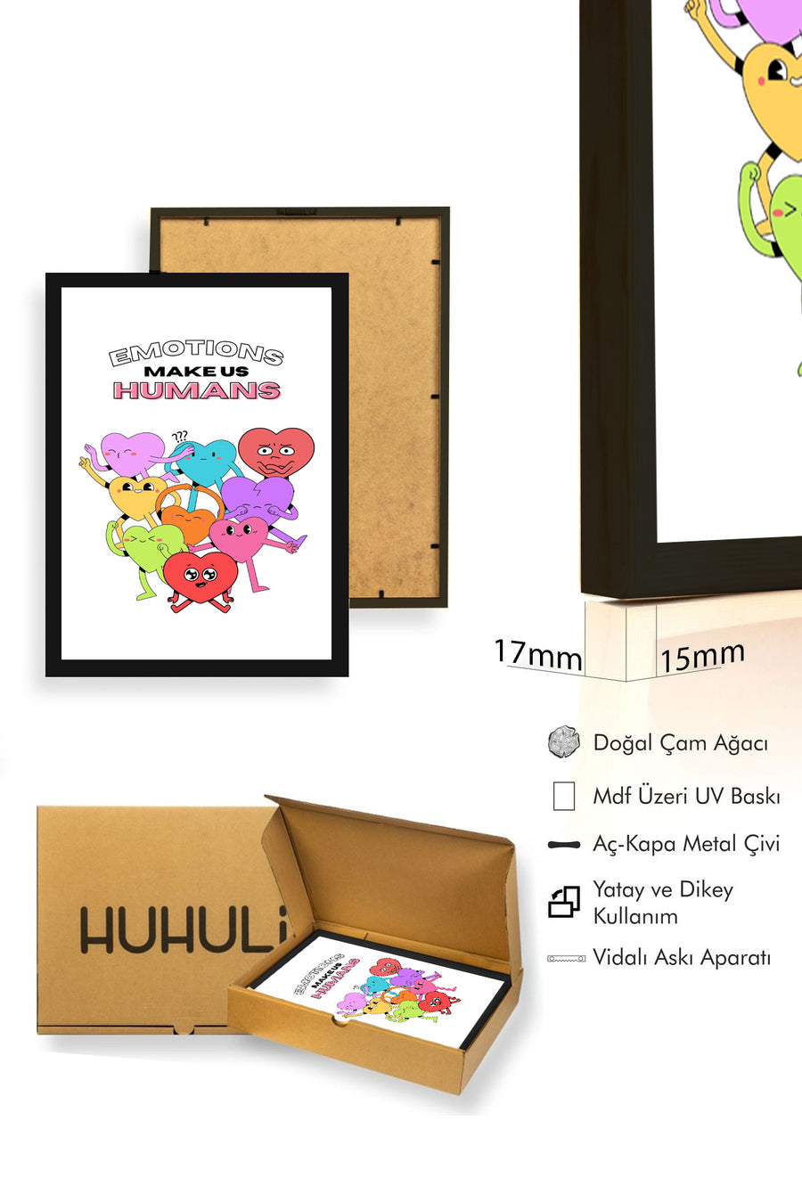 Doğal Ahşap Çerçeveli Retro Duygu ve Kalp Tablo - İnsanlık Hali | huhu2704