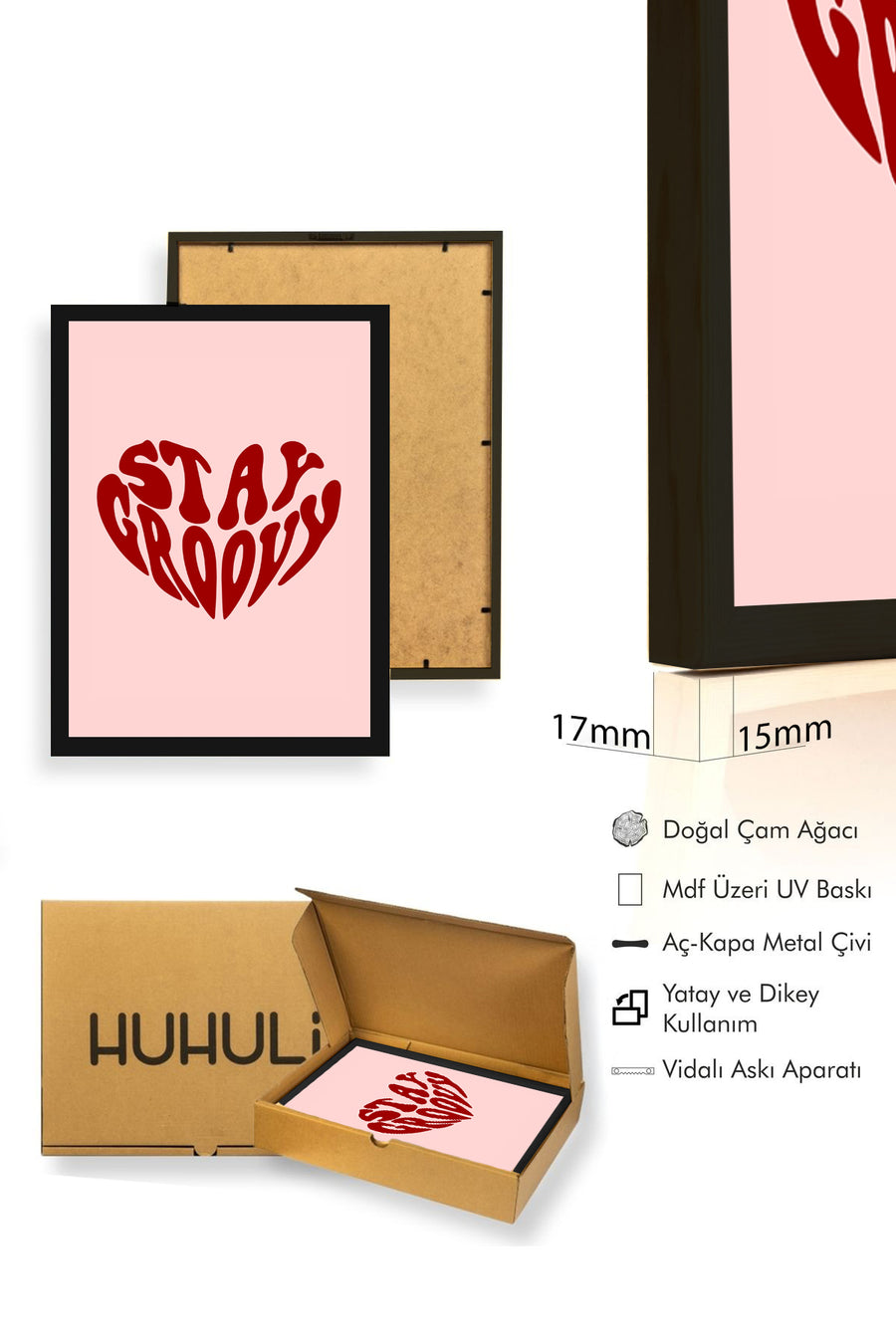 Doğal Ahşap Çerçeveli Retro Kalp Tablo - Stay Groovy Yazılı Baskı | huhu2707
