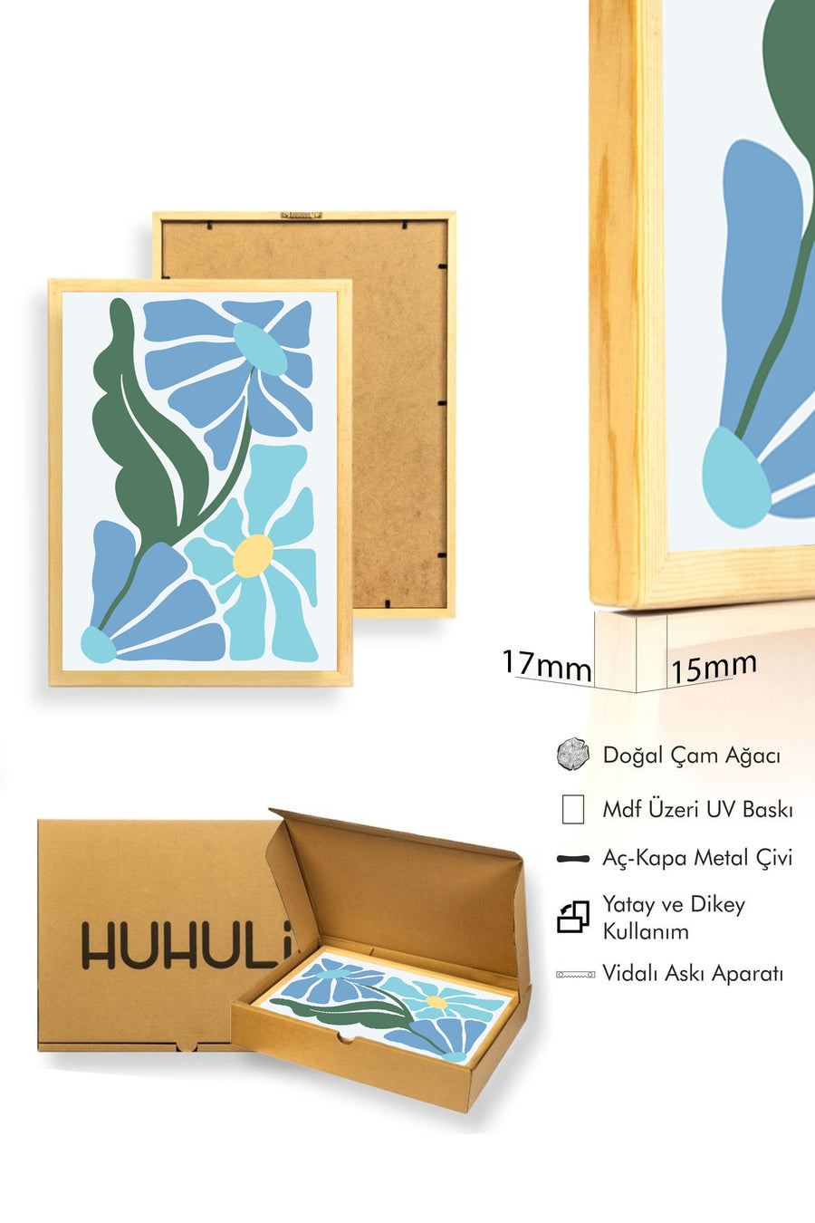 Doğal Ahşap Çerçeveli Retro Floral Tablo - Soyut Çiçek Desenli | huhu2708