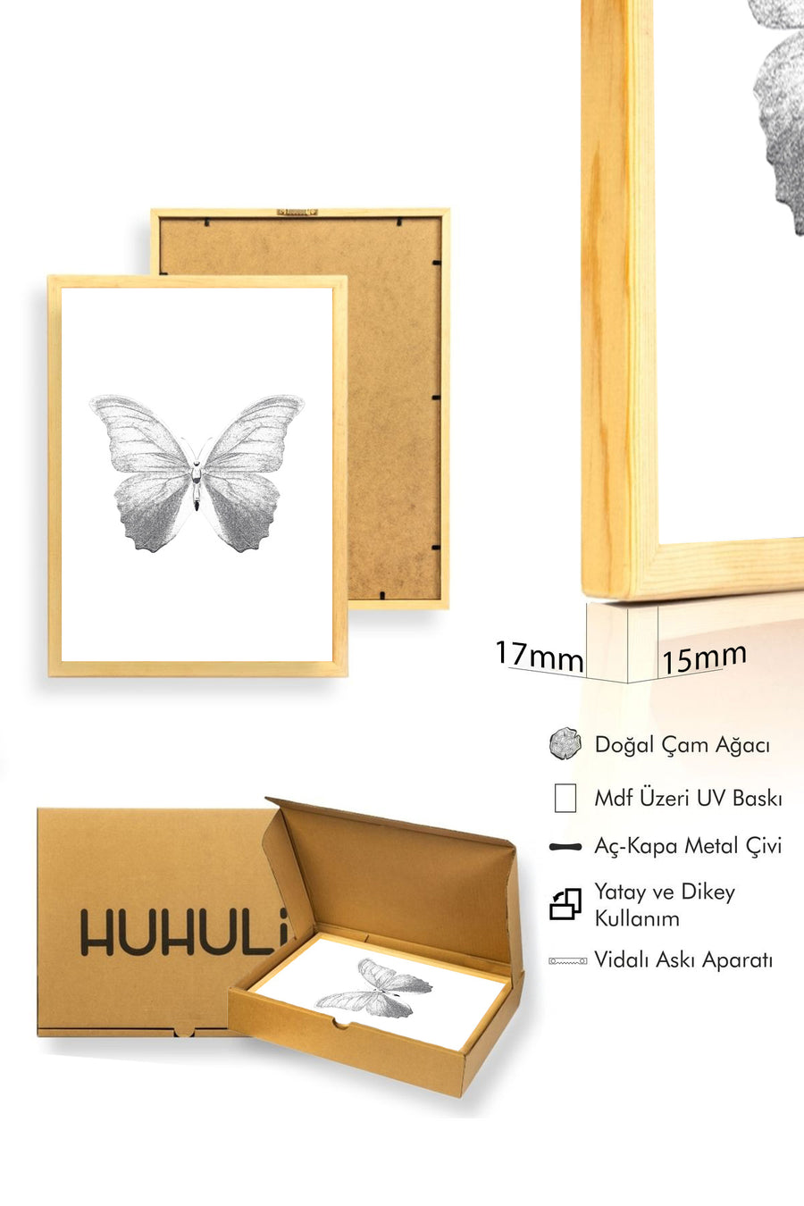 Doğal Ahşap Çerçeveli Kelebek Desenli Retro Tablo - Doğal Sanat | huhu2709