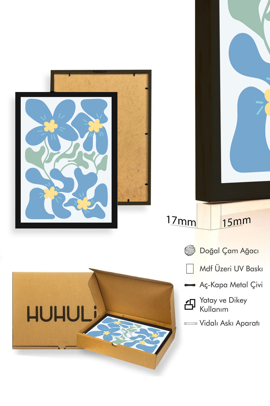 Doğal Ahşap Çerçeveli Botanik Çiçek Tablo - Retro Pastel Desen | huhu2711