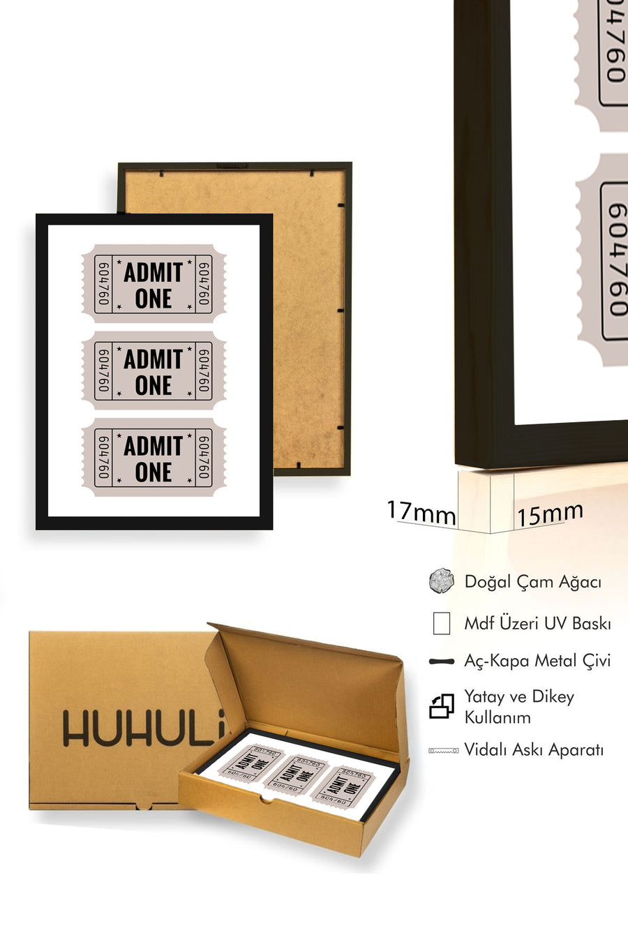 Doğal Ahşap Çerçeveli Retro Bilet Temalı Tablo - Admit One Minimalist | huhu2712