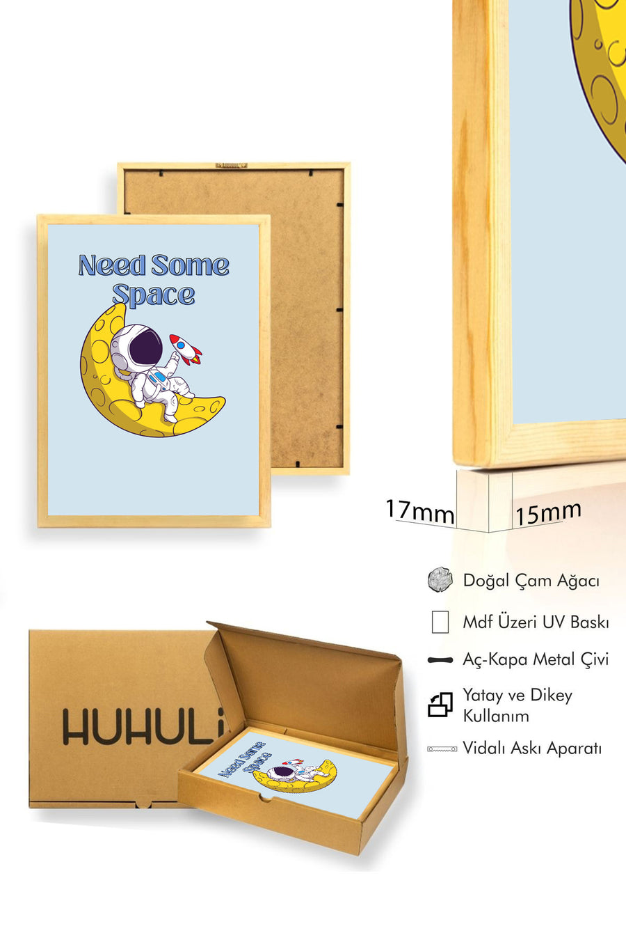 Doğal Ahşap Çerçeveli Retro Tablo - Uzay Astronot Pop Art Temalı | huhu2713