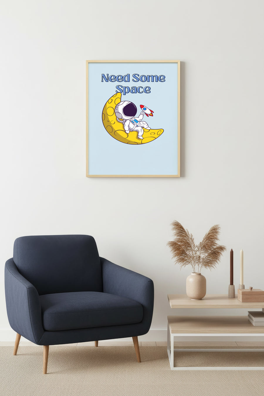 Doğal Ahşap Çerçeveli Retro Tablo - Uzay Astronot Pop Art Temalı | huhu2713