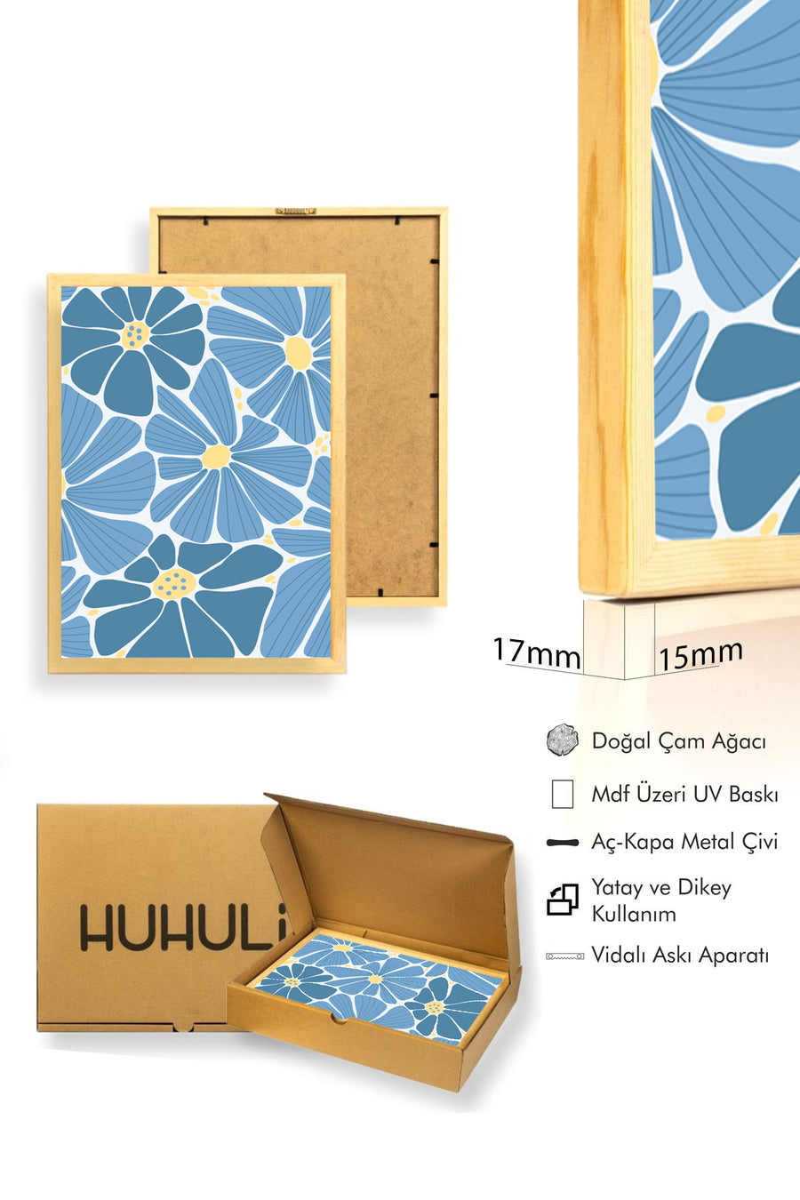 Doğal Ahşap Çerçeveli Mavi Çiçek Desenli Retro Tablo - Floral | huhu2714