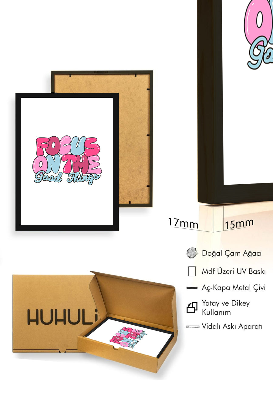 Doğal Ahşap Çerçeveli Pop Art Tablo - Focus On The Good Things Retro Desen | huhu2716
