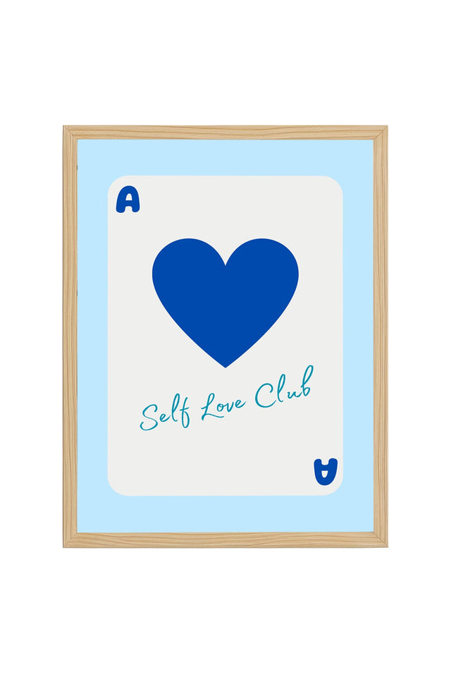 Doğal Ahşap Çerçeveli Retro Kalp Tablo - Self Love Club Mavi Baskılı | huhu2718