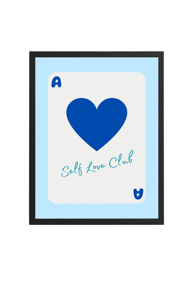 Doğal Ahşap Çerçeveli Retro Kalp Tablo - Self Love Club Mavi Baskılı | huhu2718