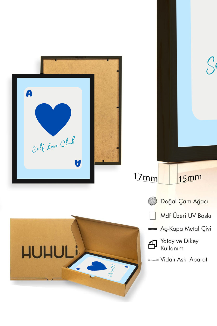 Doğal Ahşap Çerçeveli Retro Kalp Tablo - Self Love Club Mavi Baskılı | huhu2718