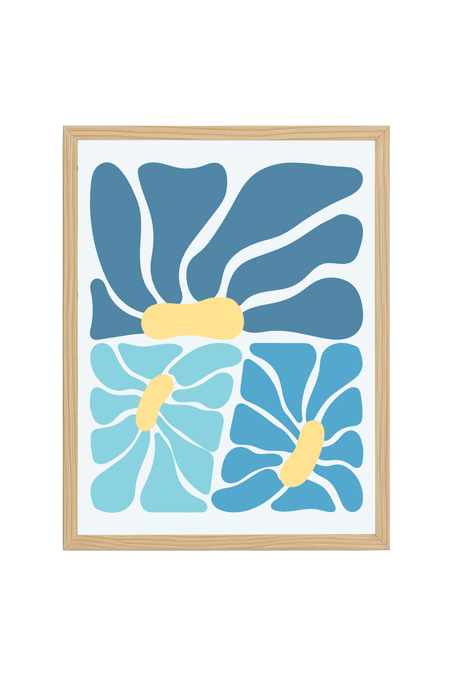 Doğal Ahşap Çerçeveli Abstract Mavi Tablo - Organik Retro Desenler | huhu2721