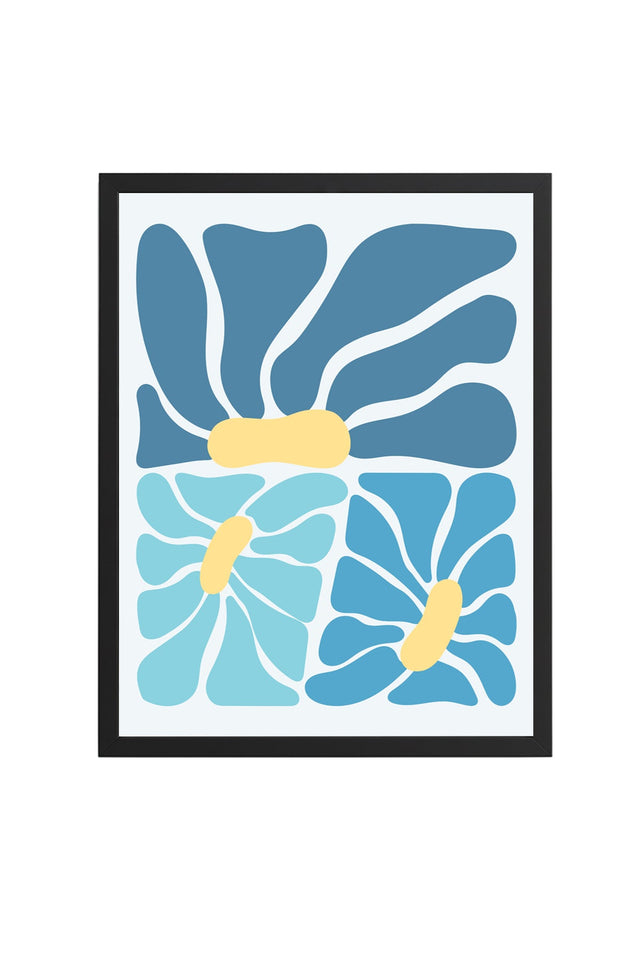 Doğal Ahşap Çerçeveli Abstract Mavi Tablo - Organik Retro Desenler | huhu2721