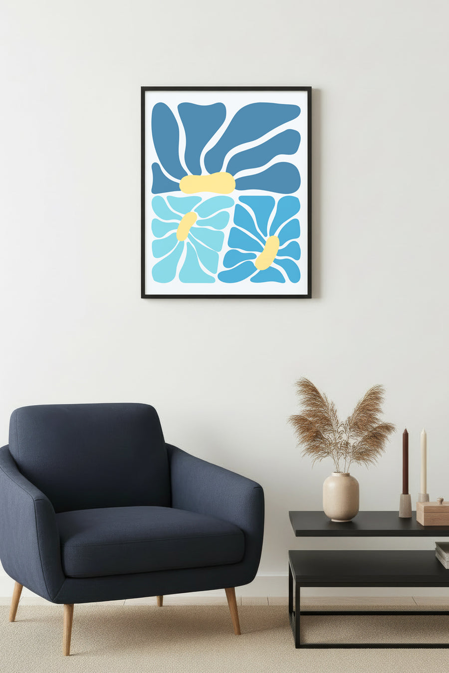 Doğal Ahşap Çerçeveli Abstract Mavi Tablo - Organik Retro Desenler | huhu2721