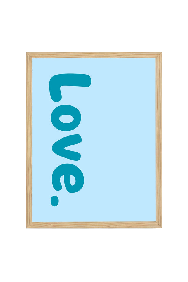 Doğal Ahşap Çerçeveli Retro Love Yazı Tablo - Canlı Mavi Tonlar | huhu2722