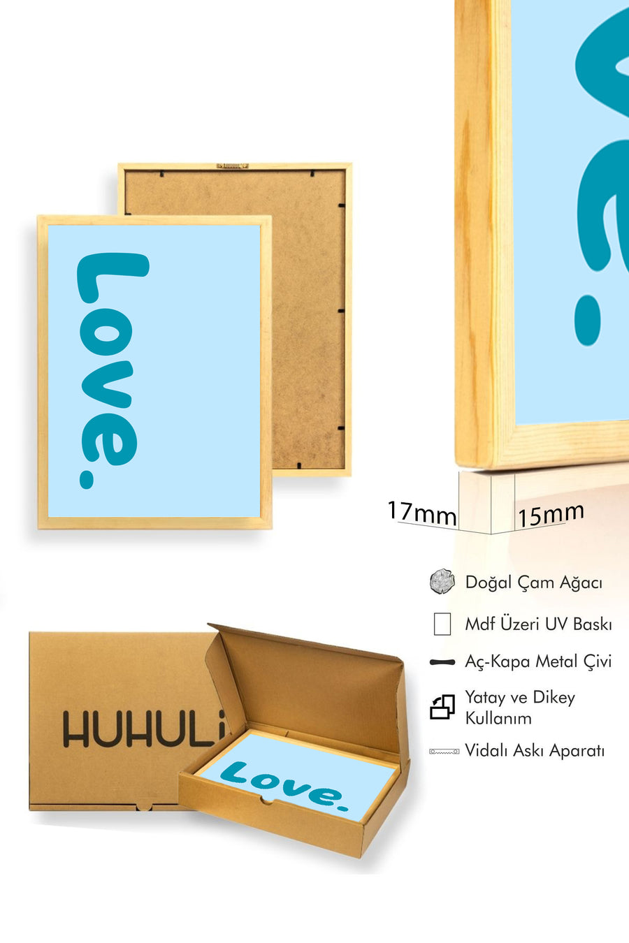 Doğal Ahşap Çerçeveli Retro Love Yazı Tablo - Canlı Mavi Tonlar | huhu2722