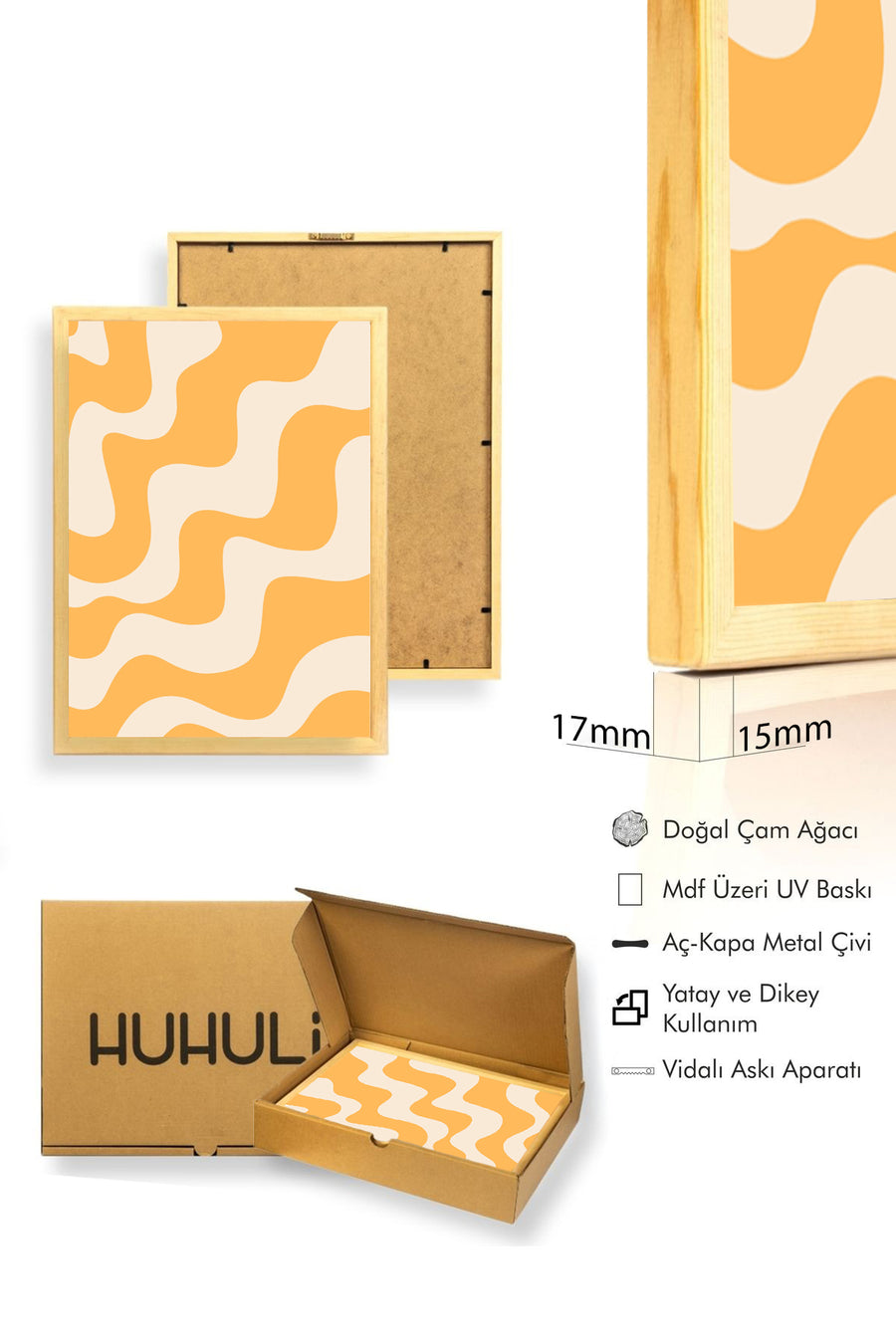 Doğal Ahşap Çerçeveli Retro Tablo - Soyut Dalga Desenli Turuncu | huhu2724