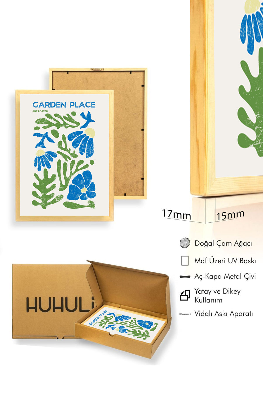 Doğal Ahşap Çerçeveli Retro Tablo - Tropikal Çiçek ve Deniz Canlıları | huhu2726
