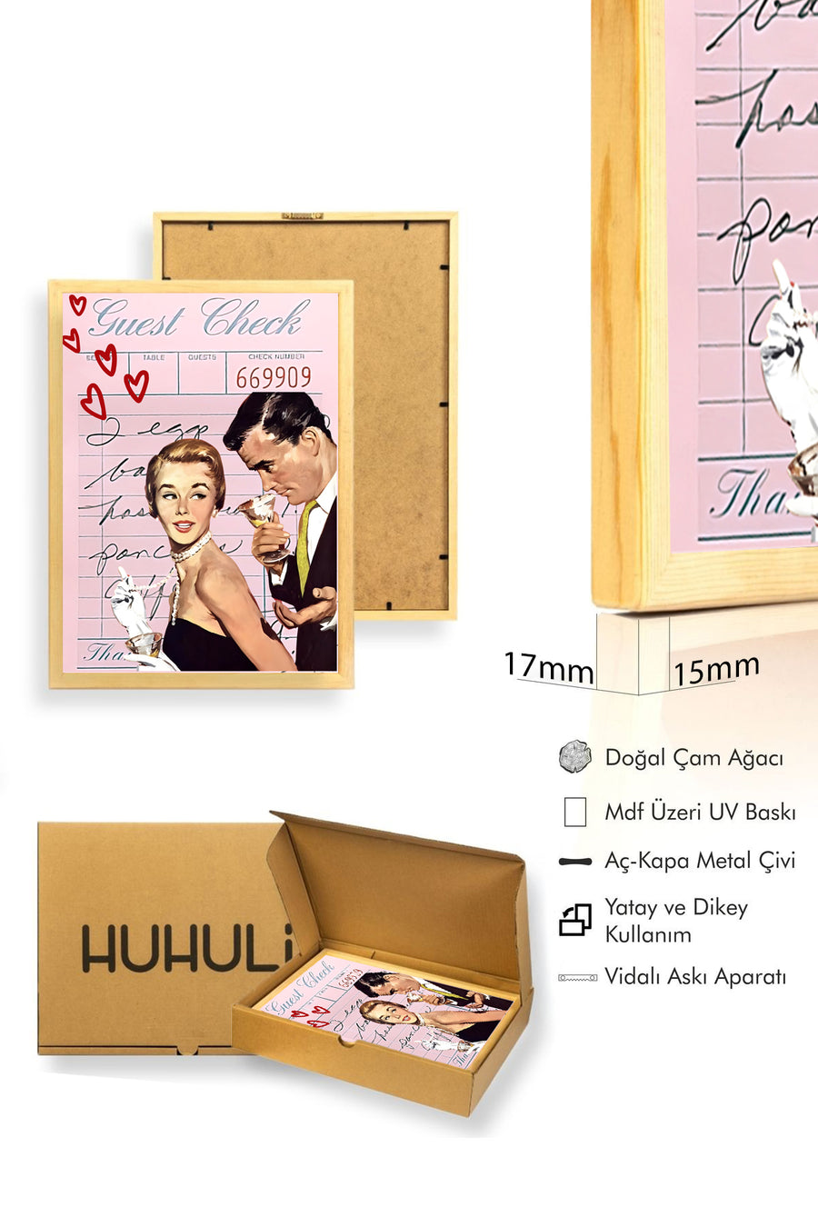 Doğal Ahşap Çerçeveli Vintage Çift Portresi Tablo - Retro Stil | huhu2729