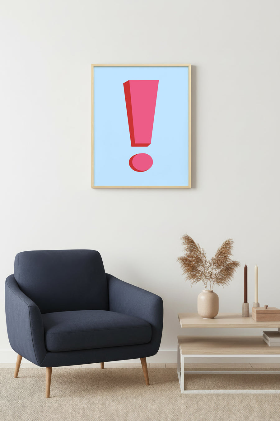 Doğal Ahşap Çerçeveli Retro Ünlem İşareti Tablo - Minimalist Kırmızı | huhu2730