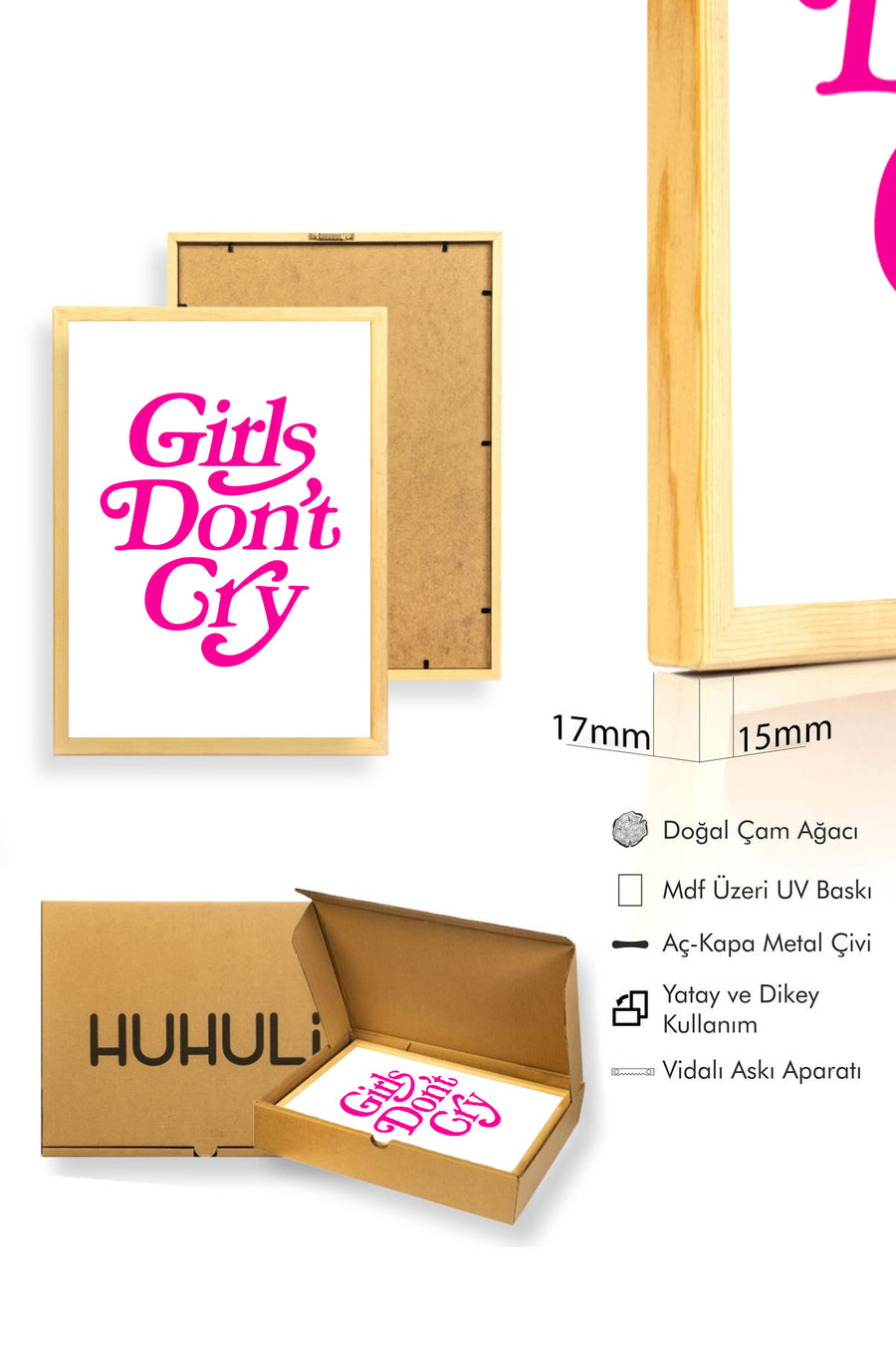 Doğal Ahşap Çerçeveli Retro Tablo - Girls Don't Cry Yazılı Pembe Tipografi | huhu2732