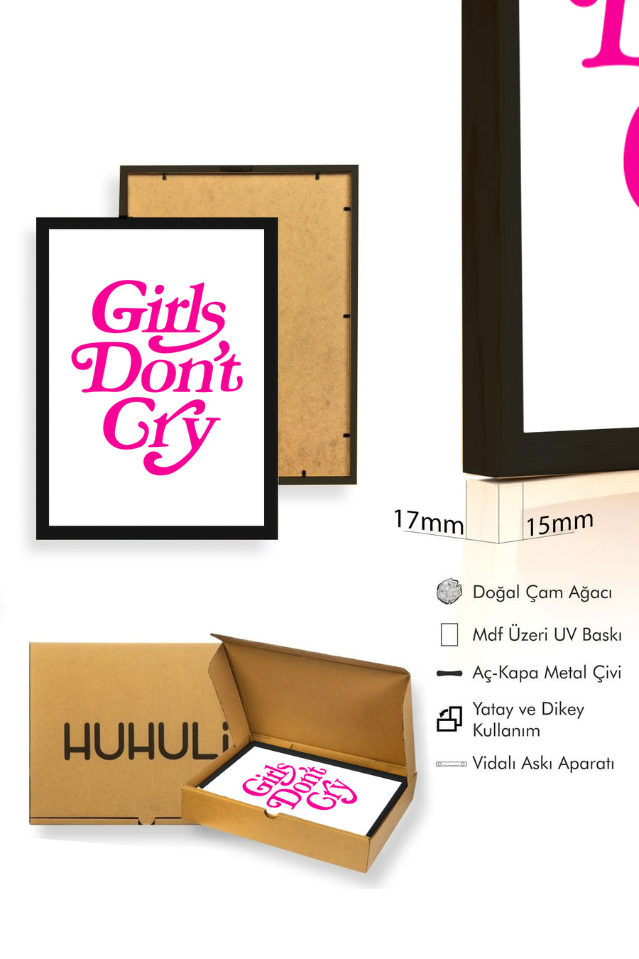 Doğal Ahşap Çerçeveli Retro Tablo - Girls Don't Cry Yazılı Pembe Tipografi | huhu2732
