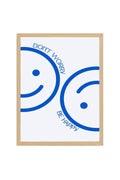 Doğal Ahşap Çerçeveli Retro Tablo - Mavi Soyut Smiley Desen | huhu2735
