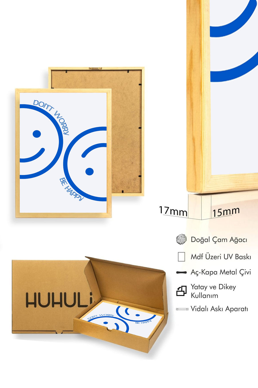 Doğal Ahşap Çerçeveli Retro Tablo - Mavi Soyut Smiley Desen | huhu2735