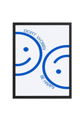 Doğal Ahşap Çerçeveli Retro Tablo - Mavi Soyut Smiley Desen | huhu2735