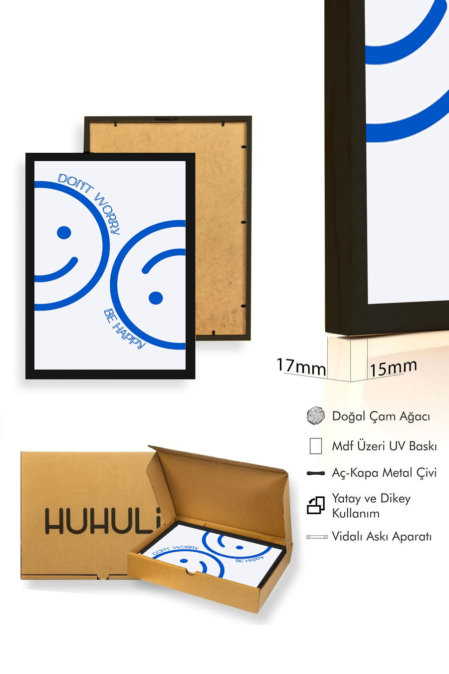 Doğal Ahşap Çerçeveli Retro Tablo - Mavi Soyut Smiley Desen | huhu2735