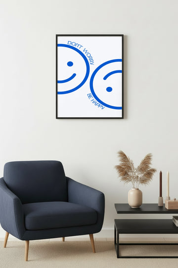 Doğal Ahşap Çerçeveli Retro Tablo - Mavi Soyut Smiley Desen | huhu2735
