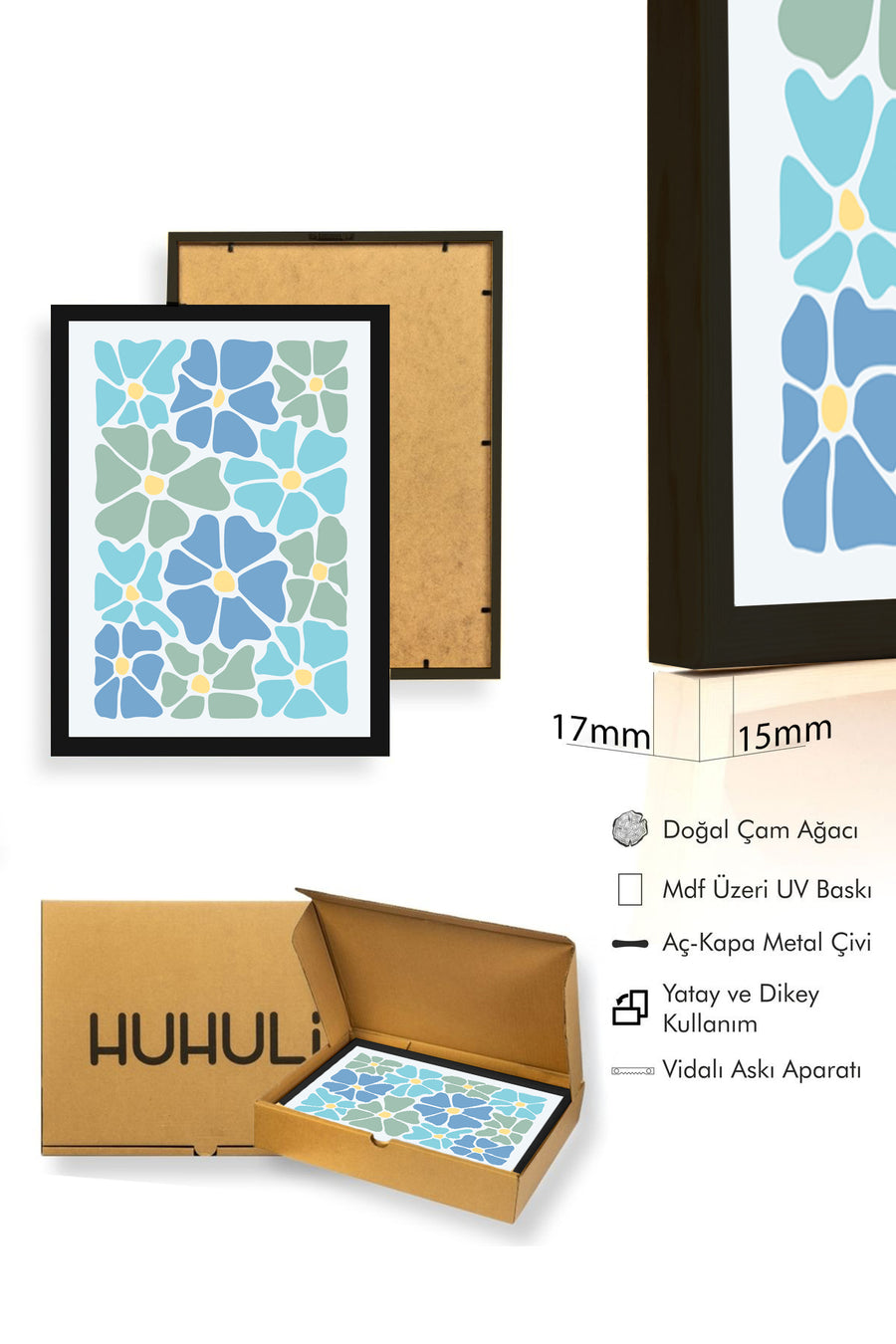 Doğal Ahşap Çerçeveli Retro Floral Desenli Tablo - Mavi Yeşil Tonlar | huhu2738