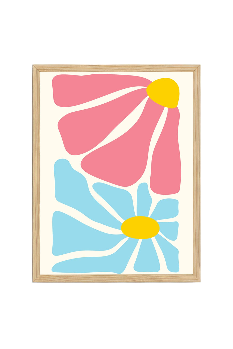 Doğal Ahşap Çerçeveli Retro Pop Art Çiçek Tablo - Pembe Mavi Floral | huhu2740